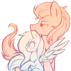 Size: 1024x1024 | Tagged: safe, artist:mirtash, oc, oc only, pegasus, pony, rcf community, blushing, ear bite, nom, size difference, sketch, surprised