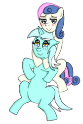 Size: 3000x4470 | Tagged: safe, artist:misseljebel, bon bon, lyra heartstrings, sweetie drops, earth pony, pony, unicorn, g4, blushing, female, floppy ears, lesbian, lidded eyes, looking at each other, looking down, looking up, mare, ship:lyrabon, shipping, simple background, smiling, transparent background