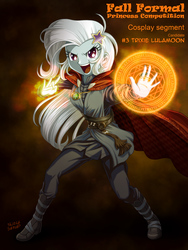 Size: 900x1200 | Tagged: safe, artist:uotapo, trixie, equestria girls, g4, cloak of levitation, clothes, colored pupils, cosplay, crossover, cute, diatrixes, doctor strange, eye of agamotto, fall formal, fall formal princess competition, female, jewelry, looking at you, magic, magic circle, marvel, marvel cinematic universe, marvel comics, necklace, open mouth, ring, smirk, solo