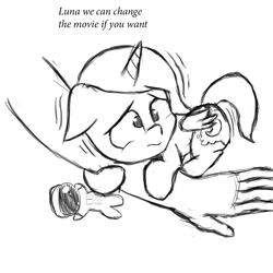 Size: 1500x1500 | Tagged: safe, artist:purpleblackkiwi, princess luna, human, g4, arm, astronaut, black and white, cuddling, cute, dialogue, doll, female, filly, grayscale, hand, lunabetes, monochrome, not safe for woona, scared, shaking, simple background, snuggling, toy, white background, woona, younger
