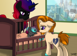 Size: 4497x3300 | Tagged: safe, artist:lostinthetrees, oc, oc only, pony, unicorn, broken horn, crib, family, foal, horn, parent