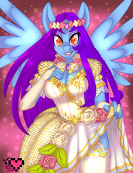 Size: 2975x3850 | Tagged: safe, artist:ladypixelheart, oc, oc only, oc:lyrica, pegasus, anthro, braid, breasts, cleavage, clothes, dress, dress lift, female, floral head wreath, flower, flower in hair, high res, solo, stockings