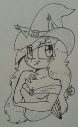 Size: 789x1280 | Tagged: safe, artist:notenoughapples, oc, oc only, oc:starstruck symphony, bat pony, anthro, bat ponified, hat, inktober, monochrome, race swap, solo, traditional art, witch hat