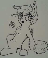 Size: 1042x1280 | Tagged: safe, artist:notenoughapples, oc, oc only, oc:capillary, bat pony, pony, belly button, chest fluff, eeee, inktober, monochrome, sitting, skree, solo, traditional art