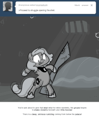 Size: 666x809 | Tagged: safe, artist:egophiliac, princess luna, pony, moonstuck, g4, animated, bipedal, cartographer's comically oversized oyster shucker, dungeon, earthquake, female, filly, gif, monochrome, oyster, shaking, solo, underwater, woona, younger