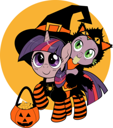Size: 1022x1158 | Tagged: safe, artist:dsana, spike, twilight sparkle, cat, dragon, pony, g4, animal costume, baby spike, cat costume, clothes, costume, cute, dragons riding ponies, dsana is trying to murder us, duo, filly, filly twilight sparkle, halloween, hat, holiday, mama twilight, nightmare night, pumpkin bucket, riding, simple background, socks, spikabetes, spike riding twilight, spikelove, striped socks, transparent background, trick or treat, twiabetes, witch hat