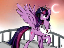 Size: 1600x1200 | Tagged: safe, artist:haden-2375, twilight sparkle, alicorn, pony, comic:recall the time of no return, g4, balcony, crescent moon, crown, evil, female, jewelry, long mane, mare, moon, older, older twilight, queen, queen twilight, raised hoof, regalia, solo, spread wings, twilight sparkle (alicorn), tyrant sparkle, ultimate twilight
