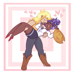 Size: 877x869 | Tagged: safe, artist:hoaxghost, applejack, rarity, human, g4, alternate hairstyle, applejack's hat, blushing, boots, clothes, cowboy boots, cowboy hat, dark skin, eyes closed, female, hat, heart, high heels, humanized, jeans, lesbian, open mouth, pants, ship:rarijack, shipping, shirt, shoes, simple background, skirt, smiling, stockings, tank top, thigh highs