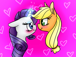 Size: 1451x1084 | Tagged: safe, artist:cartoonboyfriends, applejack, rarity, earth pony, pony, unicorn, g4, blushing, female, floppy ears, heart, lesbian, looking at each other, magic, mare, ship:rarijack, shipping, simple background, smiling