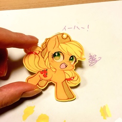 Size: 1280x1280 | Tagged: safe, artist:sibashen, applejack, earth pony, pony, g4, chibi, cute, female, happy, hat, jackabetes, japanese, looking at you, open mouth, photo, shrinky dinks, smiling, solo, traditional art, translated in the comments
