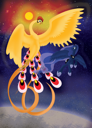 Size: 1024x1422 | Tagged: safe, artist:stec-corduroyroad, princess luna, phoenix, g4, anime, crossover, firebird, hi no tori, manga, moon, osamu tezuka, space, sun