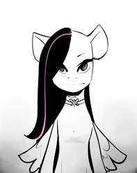 Size: 1024x1300 | Tagged: safe, artist:swomswom, fluttershy, semi-anthro, g4, ambiguous facial structure, black and white, choker, chokershy, empty eyes, female, goth, gradient background, gray background, grayscale, monochrome, no catchlights, partial color, simple background, solo, two toned mane, white background