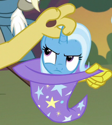 Size: 344x384 | Tagged: safe, screencap, discord, trixie, pony, unicorn, g4, to where and back again, annoyed, cropped, female, frown, glare, horn, horn grab, mare, trixie's hat