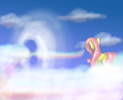 Size: 4500x3694 | Tagged: safe, artist:phendyl, fluttershy, g4, cloud, female, rainbow, solo