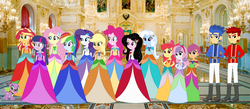 Size: 1970x856 | Tagged: safe, artist:karalovely, artist:selenaede, apple bloom, applejack, flash sentry, fluttershy, pinkie pie, rainbow dash, rarity, sci-twi, scootaloo, spike, sunset shimmer, sweetie belle, trixie, twilight sparkle, oc, oc:kara lovely, oc:track sonter, alicorn, dog, equestria girls, g4, barbie, barbie in the 12 dancing princesses, clothes, crossover, cutie mark crusaders, dress, humane five, humane seven, humane six, long dress, mary sue, royalty, spike the dog, the twelve dancing princesses, twelve dancing princesses, twilight sparkle (alicorn)