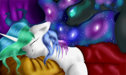 Size: 5000x3000 | Tagged: safe, artist:ruanshi, nightmare moon, princess celestia, g4, eyes closed, high res, pillow, sleeping