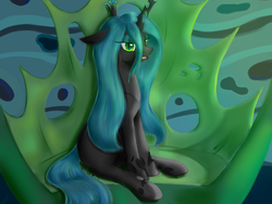 Size: 4000x3000 | Tagged: safe, artist:ruanshi, queen chrysalis, changeling, changeling queen, g4, to where and back again, chrysalis' throne, crown, female, jewelry, regalia, sitting, solo, throne