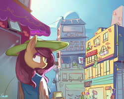 Size: 1250x1000 | Tagged: safe, artist:swomswom, bon bon, fluttershy, sweetie drops, oc, anthro, g4, building, car, city, clothes, day, hat, looking at you, looking back, looking back at you, looking over shoulder, outdoors, solo focus, street, sun hat, turned head