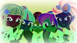 Size: 1280x720 | Tagged: safe, edit, edited screencap, screencap, indigo zap, lemon zest, sour sweet, sugarcoat, sunny flare, equestria girls, g4, my little pony equestria girls: friendship games, discovery family logo, inverted colors, shadow five, unleash the magic