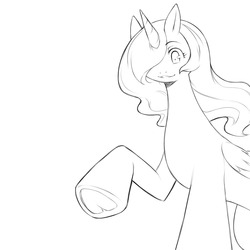 Size: 1280x1280 | Tagged: safe, artist:cold-blooded-twilight, princess celestia, g4, black and white, female, grayscale, hair over one eye, monochrome, nudity, simple background, sketch, smiling, solo, underhoof, white background