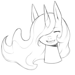 Size: 1280x1280 | Tagged: safe, artist:cold-blooded-twilight, princess celestia, g4, black and white, bust, eyes closed, female, grayscale, hair over one eye, laughing, monochrome, open mouth, portrait, simple background, sketch, smiling, solo, white background