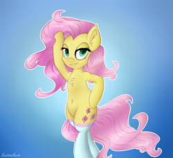 Size: 2194x2000 | Tagged: safe, artist:sentireaeris, fluttershy, pony, g4, bedroom eyes, belly button, bipedal, chest fluff, clothes, female, high res, sexy, smirk, socks, solo, wingless