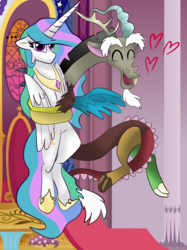 Size: 2048x2732 | Tagged: safe, artist:percy-mcmurphy, discord, princess celestia, g4, celestia is not amused, crown, discord being discord, heart, high res, hug, jewelry, male, necklace, regalia, ship:dislestia, shipping, straight, unamused
