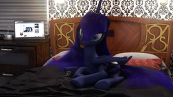 Size: 4096x2304 | Tagged: safe, artist:thelunagames, princess luna, g4, 3d, bed, blanket, cinema 4d, computer, controller, female, laptop computer, on side, paint tool sai, solo, tongue out