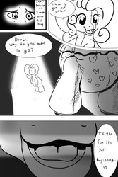 Size: 853x1280 | Tagged: safe, artist:softballoonpony, rainbow dash (g3), human, comic:rainbow g3.5 plush-suit, g3, g3.5, bondage, clothes, comic, diaper, diaper fetish, dress, encasement, female, forced cosplay, grayscale, menacing, monochrome, non-baby in diaper, plushie, ponysuit, stuffing, trapped