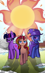 Size: 2177x3493 | Tagged: safe, artist:cloureed, sci-twi, sunset shimmer, trixie, twilight sparkle, pony, unicorn, fanfic:midnight's radiance, equestria girls, g4, alternate universe, counterparts, cover art, fanfic, fanfic art, fanfic cover, high res, magical trio, ponified, sun, sunshine shimmer, twilight's counterparts, unicorn sci-twi, winter