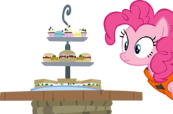 Size: 13845x9094 | Tagged: safe, artist:cyanlightning, pinkie pie, g4, ppov, .svg available, absurd resolution, cucumber sandwiches, cupcake, female, food, sandwich, simple background, solo, table, transparent background, vector
