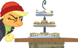 Size: 14186x8848 | Tagged: safe, artist:cyanlightning, applejack, g4, ppov, .svg available, absurd resolution, captain jackbeard, clothes, cucumber sandwiches, cupcake, female, food, frown, glare, one eye closed, sandwich, simple background, solo, table, transparent background, vector, wink