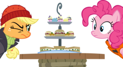 Size: 15010x8300 | Tagged: safe, artist:cyanlightning, applejack, pinkie pie, earth pony, pony, g4, ppov, absurd resolution, applejack is best facemaker, captain jackbeard, cucumber sandwiches, cupcake, food, sandwich, simple background, table, transparent background, vector