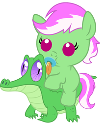 Size: 836x967 | Tagged: safe, artist:red4567, gummy, oc, oc:mint condition, pony, g4, baby, baby pony, cute, ocbetes, pacifier, ponies riding gators, riding