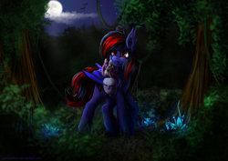 Size: 1024x726 | Tagged: safe, artist:aschenstern, oc, oc only, bat, pegasus, pony, clearing, commission, forest, full moon, scenery, solo, walking