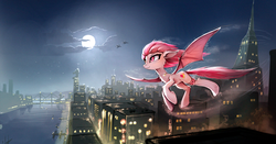 Size: 1672x875 | Tagged: safe, artist:ramiras, oc, oc only, oc:blood moon, bat pony, pony, aircraft, bridge, city, cityscape, crystaller building, female, flying, full moon, lights, manehattan, mare, night, pier, piers, scenery, signature, solo, statue of friendship, wavy mouth