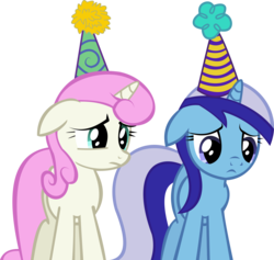 Size: 11512x10914 | Tagged: safe, artist:cyanlightning, minuette, twinkleshine, pony, unicorn, amending fences, g4, .svg available, absurd resolution, hat, looking down, party hat, sad, simple background, transparent background, vector