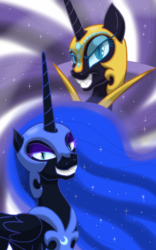 Size: 1200x1920 | Tagged: safe, artist:theroyalprincesses, nightmare moon, nightmare rarity, g4, armor, duality, duo, evil smile, eyeshadow, fangs, helmet, looking at you, makeup, self ponidox