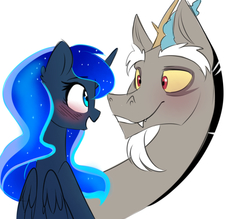 Size: 2500x2189 | Tagged: safe, artist:elementalokami, discord, princess luna, g4, blushing, cute, high res, looking at each other, male, ship:lunacord, shipping, straight