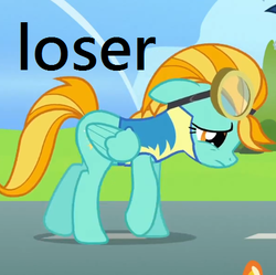 Size: 446x444 | Tagged: safe, lightning dust, g4, background pony strikes again, downvote bait, edgy, female, loser, op is a duck, op is trying to start shit, op is wrong, solo, wonderbolt trainee uniform