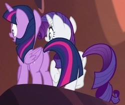 Size: 305x256 | Tagged: safe, screencap, rarity, twilight sparkle, alicorn, pony, g4, gauntlet of fire, butt, cropped, female, mare, plot, twilight sparkle (alicorn)