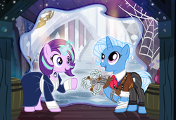 Size: 1000x684 | Tagged: safe, artist:pixelkitties, starlight glimmer, trixie, pony, unicorn, g4, alternate hairstyle, bioshock, bioshock infinite, booker dewitt, clothes, crossover, elizabeth, female, mare, the implications are horrible, unfortunate implications