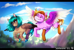 Size: 1280x859 | Tagged: safe, artist:somepony-ul, oc, oc only, pegasus, pony, commission, female, flying, friends, friendship, mare, nature, smiling