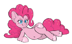 Size: 670x416 | Tagged: safe, artist:petea-copine, pinkie pie, g4, belly button, female, fluffy, smiling, solo, sultry pose, unshorn fetlocks