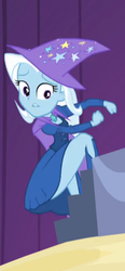 Size: 258x558 | Tagged: safe, screencap, trixie, equestria girls, g4, my little pony equestria girls: rainbow rocks, boots, cape, clothes, dress, escape, female, hat, running, skirt, skirt lift, solo, thighs