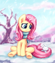 Size: 4127x4659 | Tagged: safe, artist:inowiseei, part of a set, angel bunny, fluttershy, pegasus, pony, g4, absurd resolution, clothes, cloud, cute, female, mare, scarf, shyabetes, sitting, sky, smiling, snow, snowfall, winter