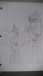 Size: 1024x1820 | Tagged: safe, artist:supahdonarudo, discord, princess celestia, g4, celestia is not amused, colonel sanders, crossover, discord being discord, duo, grayscale, lined paper, monochrome, ronald mcdonald, traditional art