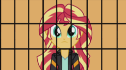 Size: 1242x694 | Tagged: safe, edit, edited screencap, screencap, sunset shimmer, equestria girls, g4, female, inverted mouth, prison bars, solo