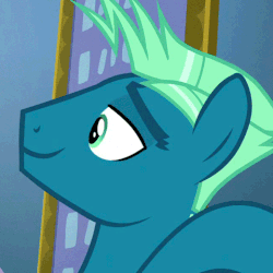 Size: 480x480 | Tagged: safe, screencap, sky stinger, vapor trail, pegasus, pony, g4, top bolt, animated, cropped, eyebrow wiggle, gif, male, offscreen character, smug, solo focus, stallion