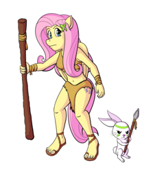 Size: 1900x2100 | Tagged: safe, artist:regularmouseboy, angel bunny, fluttershy, pegasus, anthro, plantigrade anthro, rainbow wake, g4, belly button, cave pony, caveman, cavemare, clothes, cutie mark, duo, legs, loincloth, midriff, sandals, simple background, skirt, spear, staff, thighs, transparent background, tribal